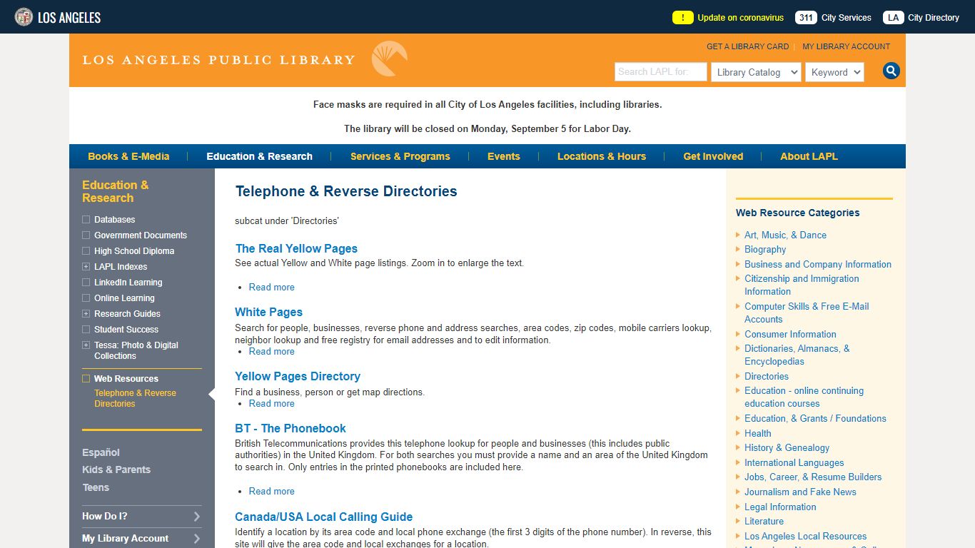Telephone & Reverse Directories | Los Angeles Public Library